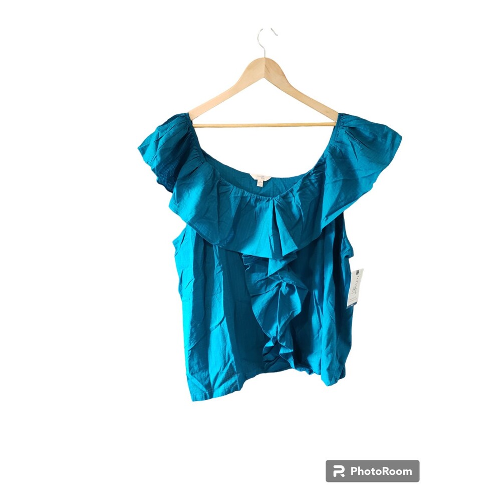 NEW Womens Terra & Sky Blouse Plus Size 4X Blue Ruffle V-Neck Top Sleeveless NWT